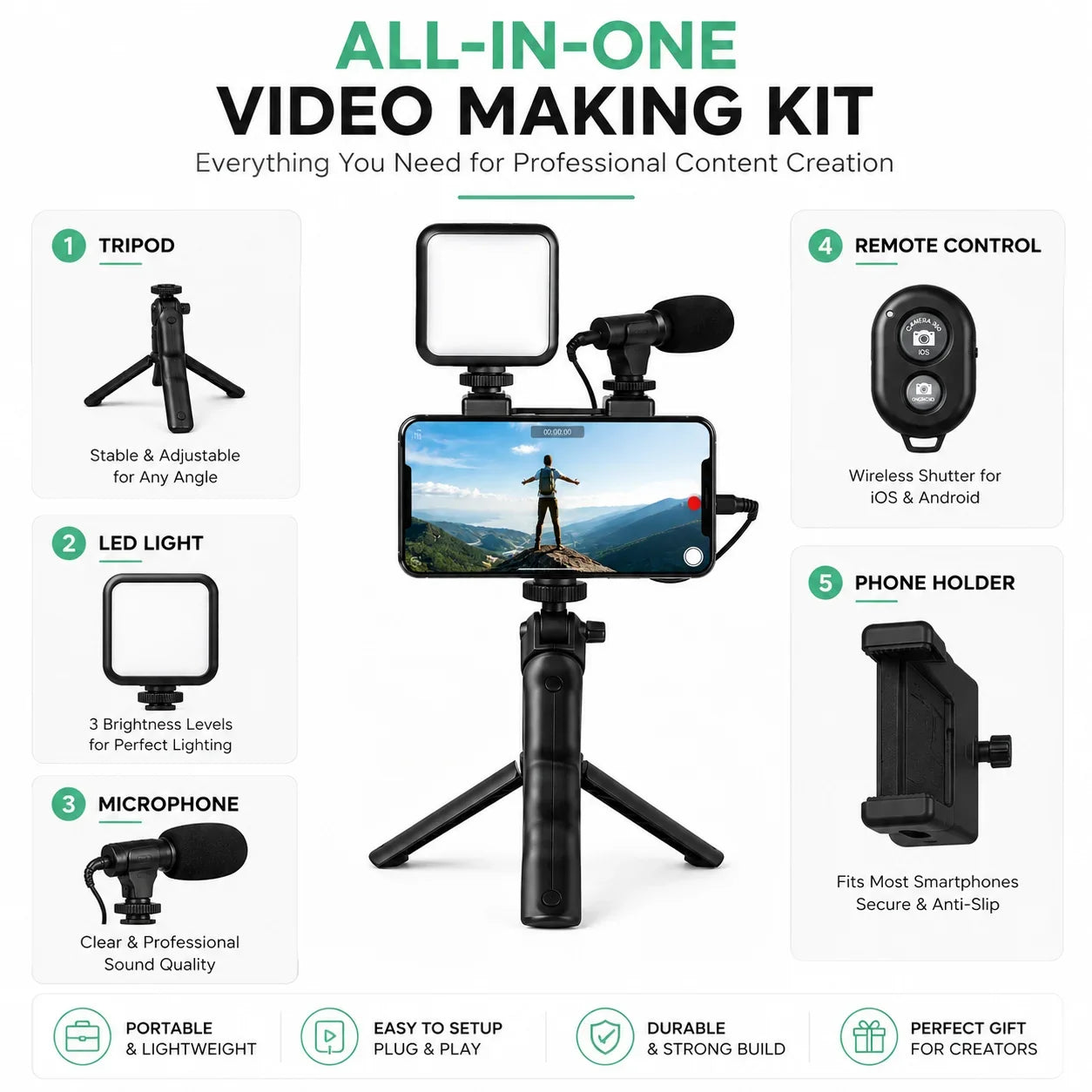 AY-49 Video Making Vlogging Kit Tripod LED Light Mic - Muveszi Pakistan (image 5)