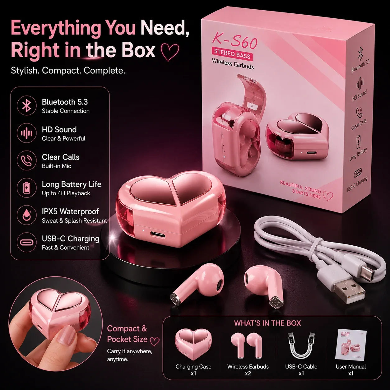 Heart shape wireless bluetooth earbuds charging case open view gift for her