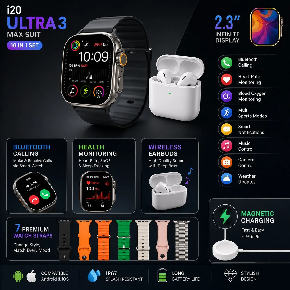 i20 Ultra 3 Max smart watch with 7 premium straps and wireless earbuds case