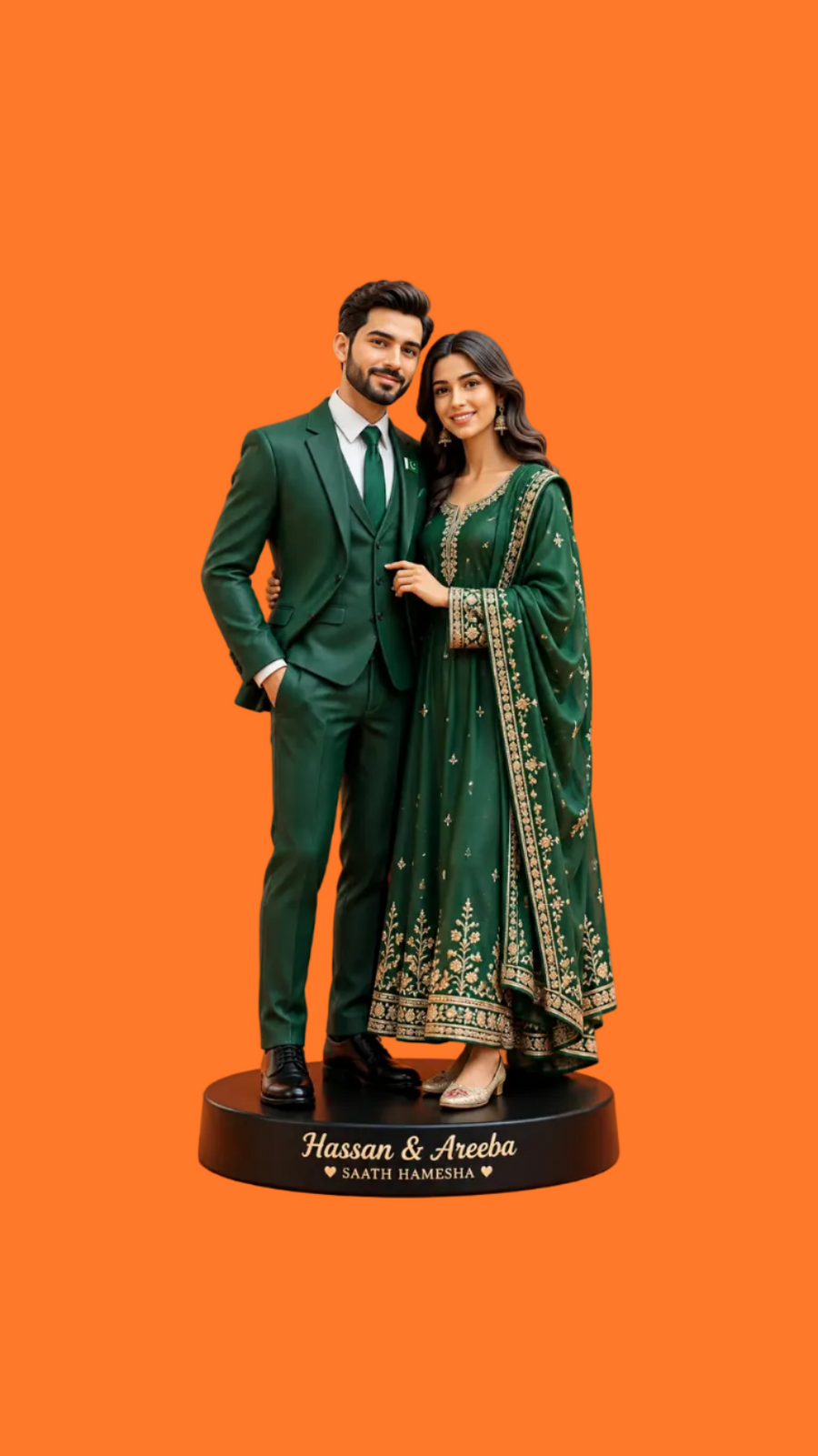 Couple in matching emerald green formal attire for personalized gifts and custom jewelry collection