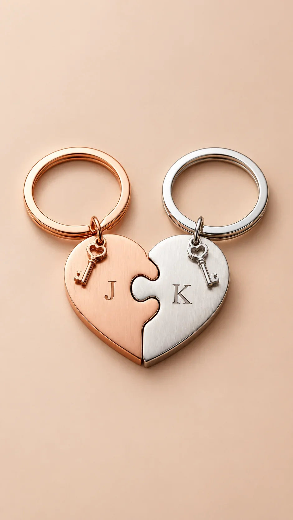 Two interlocking heart keychains in rose gold and silver with initials for luxury gift sets and combo packs