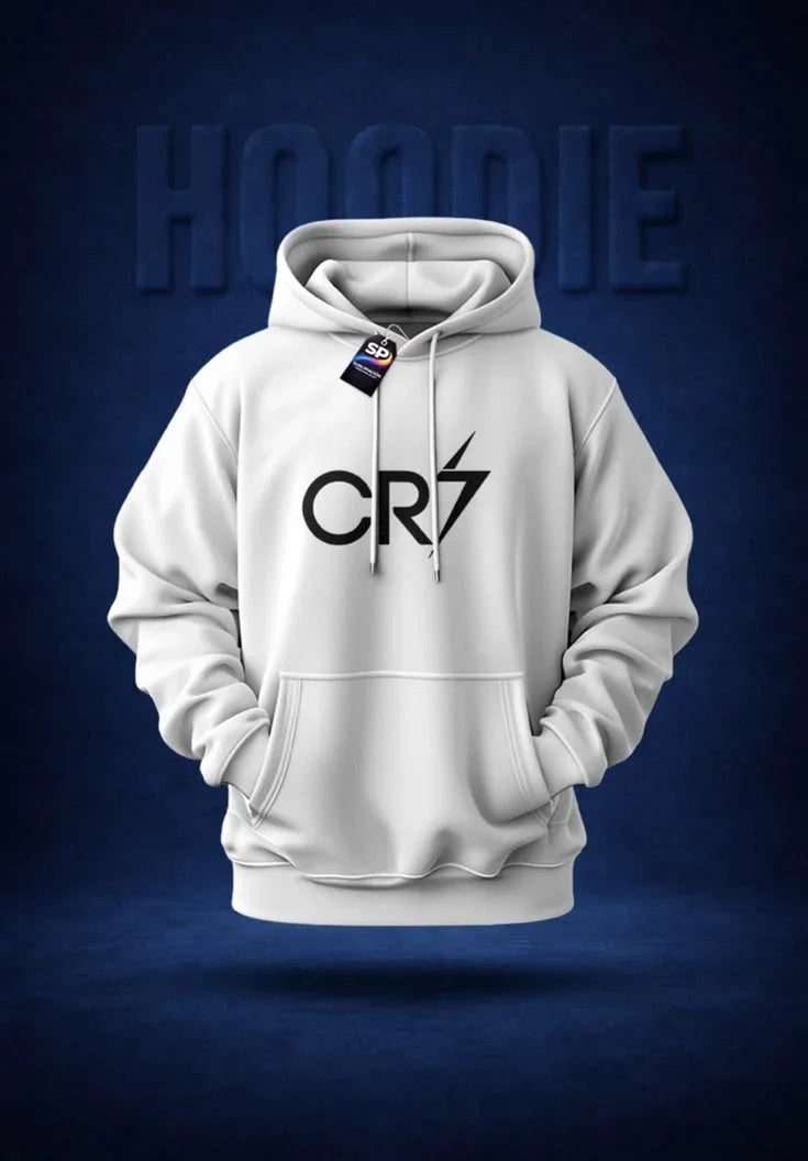 White oversized hoodie with black chest logo for graphic tees and streetwear collection