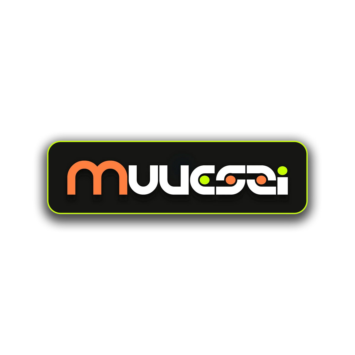 Muveszi brand logo in orange and green typography on a black rounded rectangle