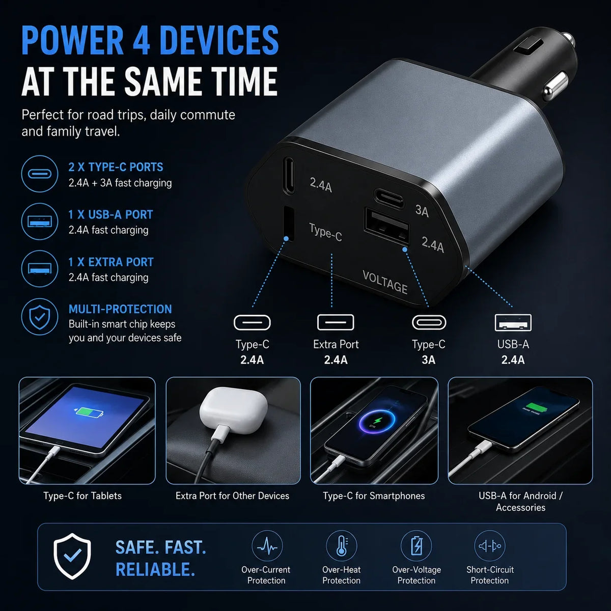 120W 4-in-1 Fast Car Charger Retractable Cables - Muveszi Pakistan (image 2)