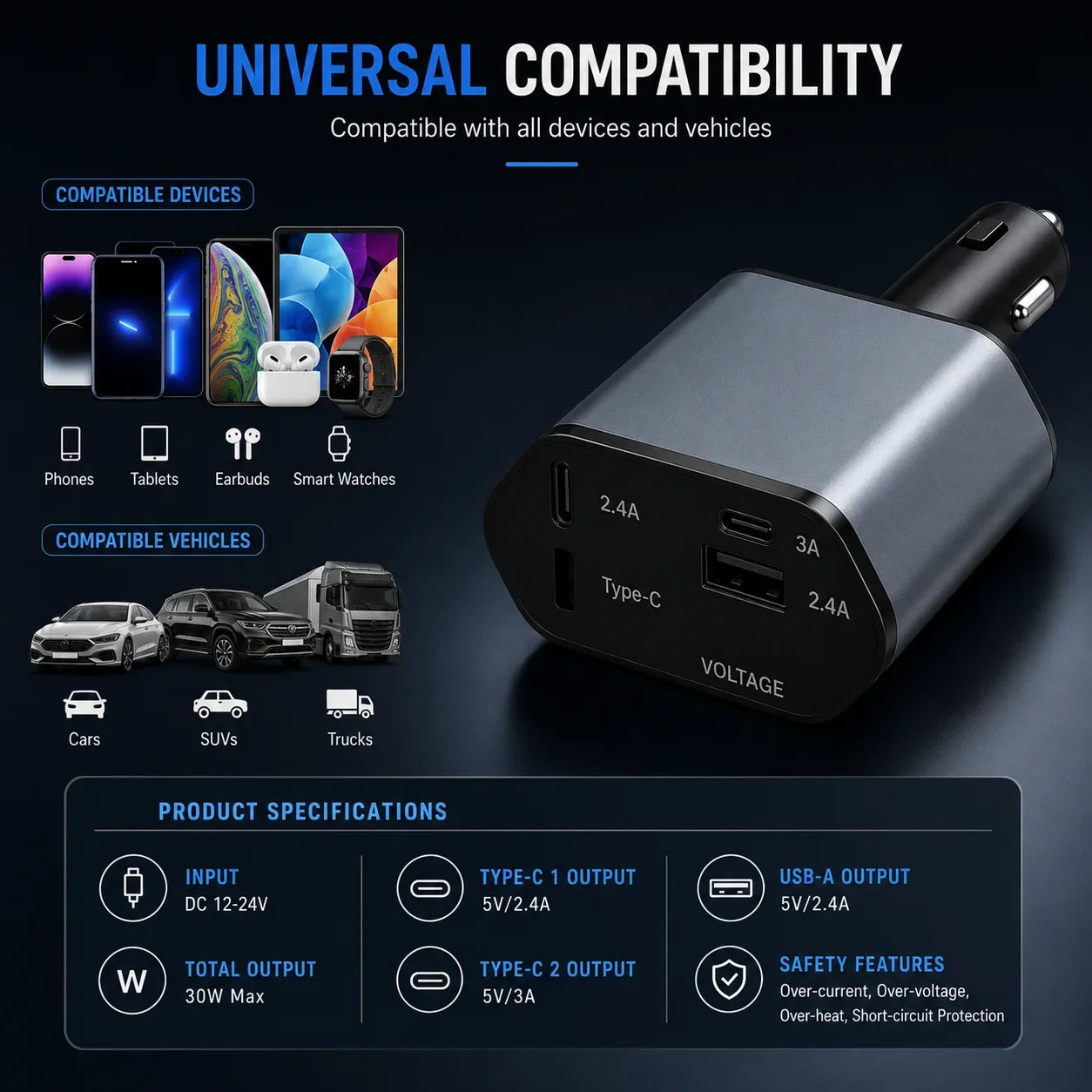 120W 4-in-1 Fast Car Charger Retractable Cables - Muveszi Pakistan (image 4)