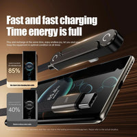 Fast charging cable and phone case with charging percentages displayed on a wooden surface.