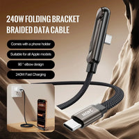 240W folding bracket braided data cable with phone holder and TYPEC port compatibility on a brown background.