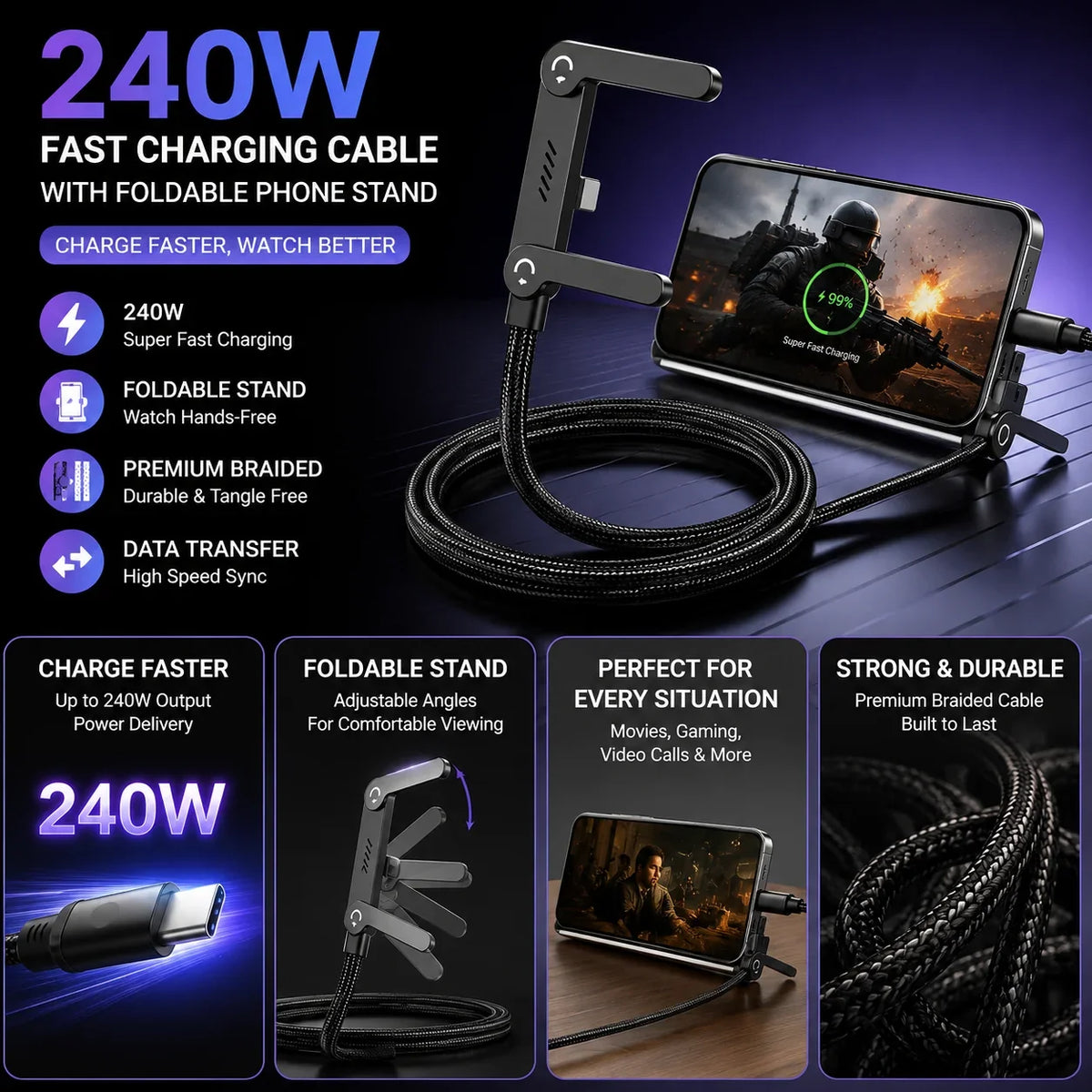 Braided 240W USB-C cable folded phone stand supporting a smartphone horizontally
