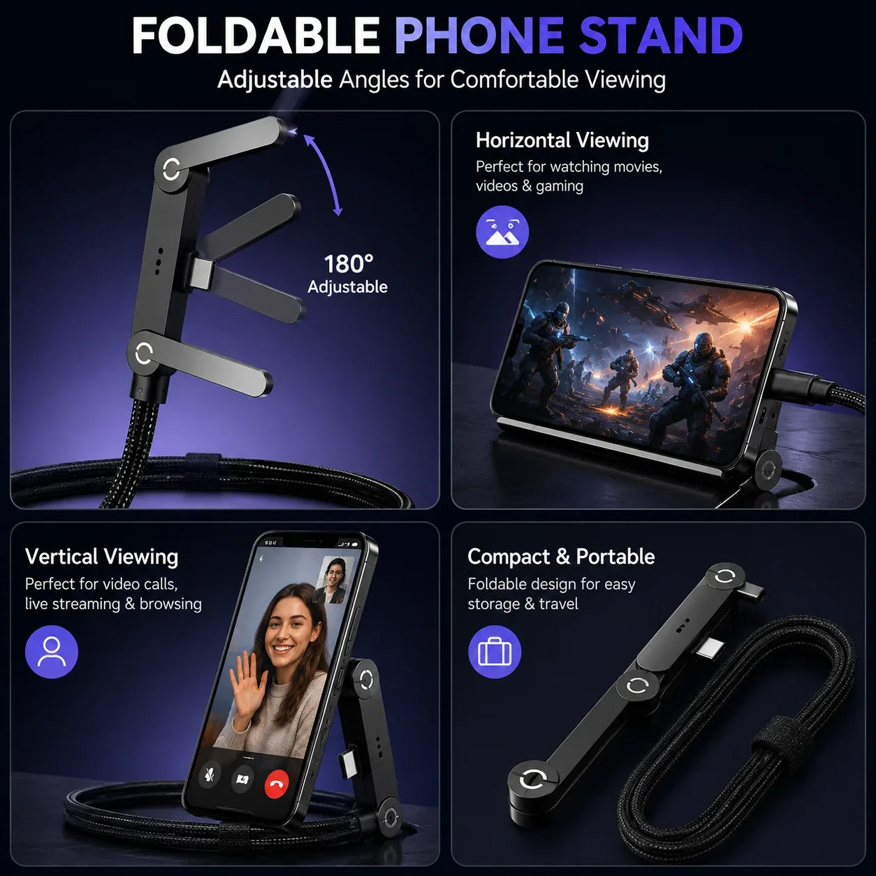 Close up of 240W USB-C fast charging cable connector and durable metal hinge stand