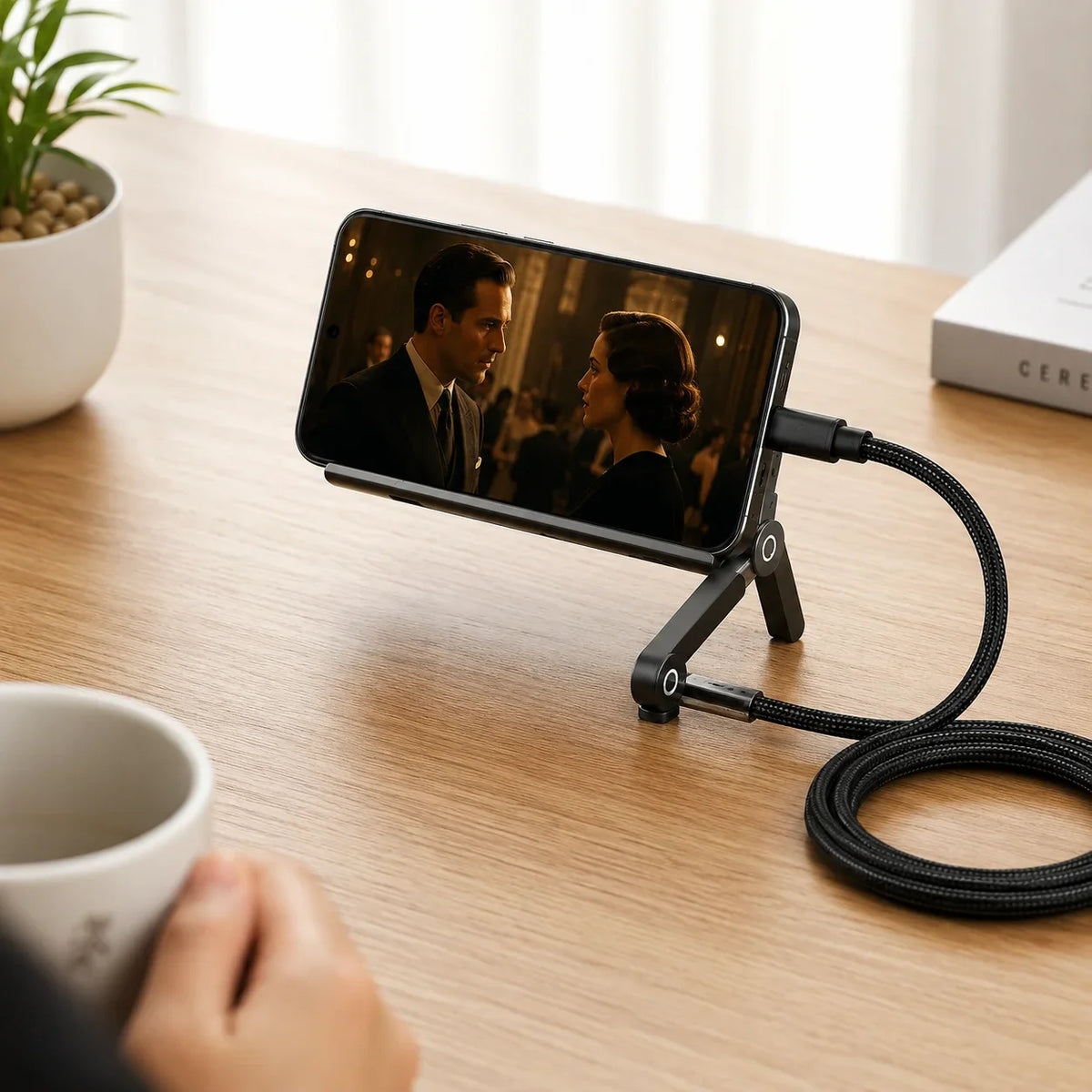 Phone propped vertically on foldable stand cable while fast charging at 240W