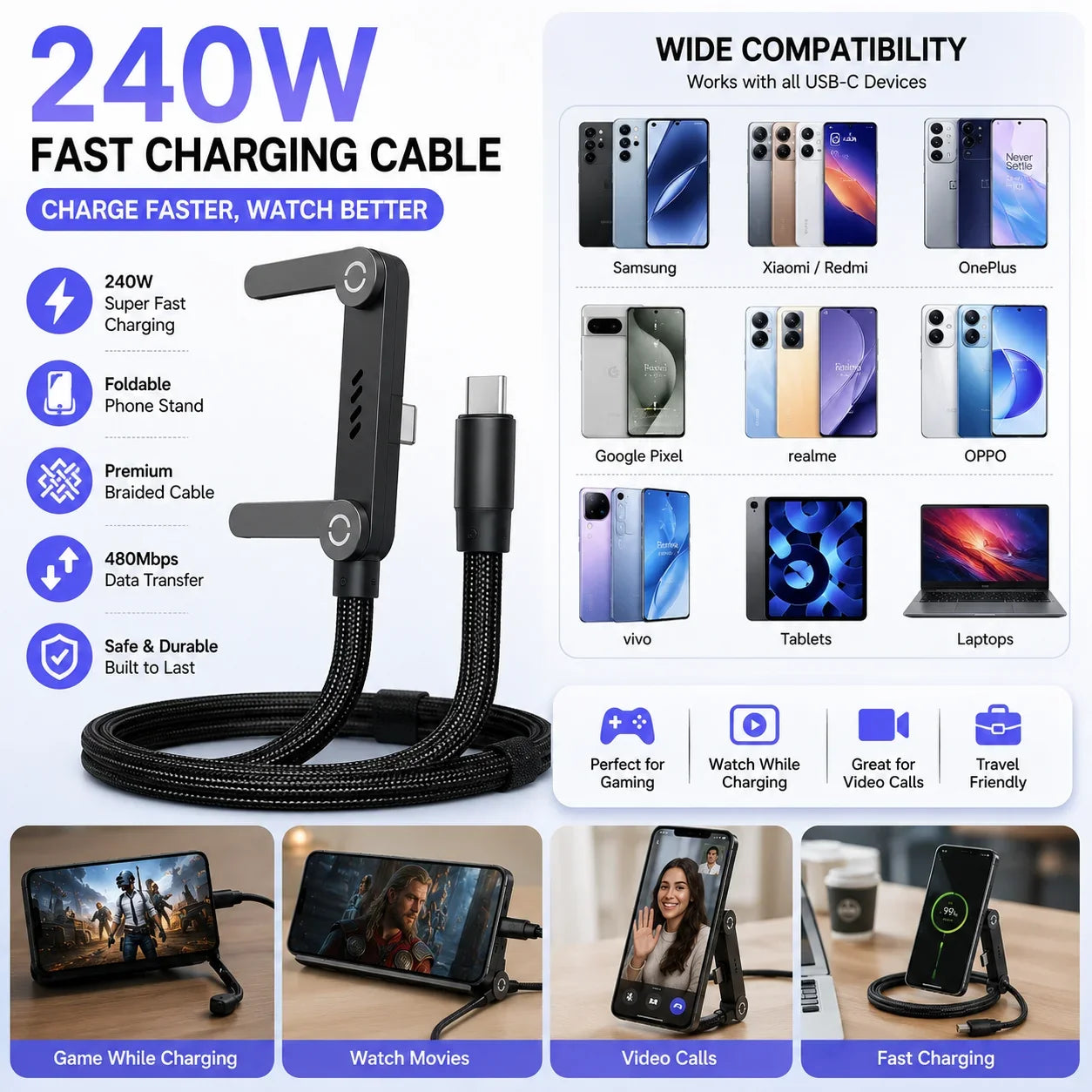 240W fast charging cable with phone stand packaging and accessories Pakistan