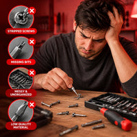 A man at a workbench struggles with loose screws and missing bits, with four red callout circles highlighting common screwdriver problems: stripped screws, missing bits, messy and unorganized pieces, and low-quality material. A screwdriver bit set and screwdriver are visible on the table.
