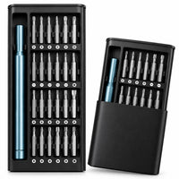A 24-piece screwdriver bit set with a metallic blue pen-style driver and black storage case, shown open and closed on a white background.