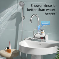 360 degree rotating chrome plated elbow extension attached to an electric heating water faucet over a kitchen sink.