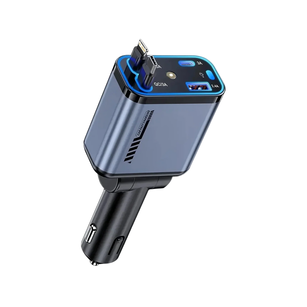 4-in-1 45W fast car charger adapter with built-in Type-C and Lightning cables