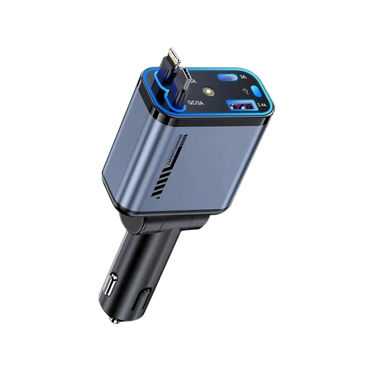 4-in-1 45W fast car charger adapter with built-in Type-C and Lightning cables