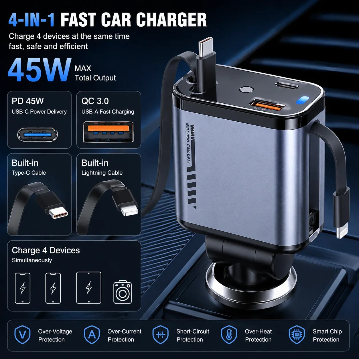 4 in 1 45W PD Fast Car Charger with Type C and Lightning Cable - Muveszi Pakistan (image 2)