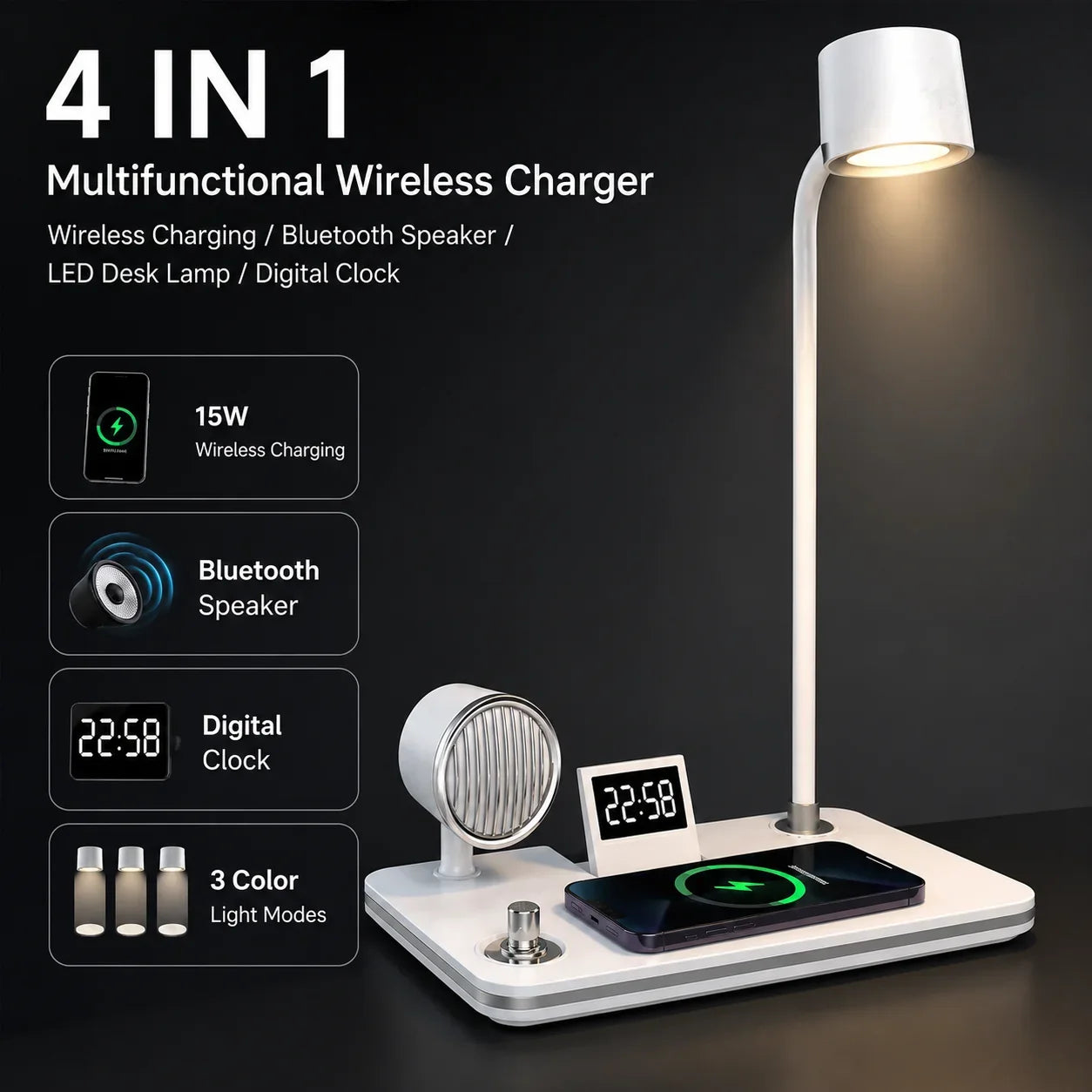 4 in 1 Wireless Charger Desk Lamp with Bluetooth Speaker - Muveszi Pakistan (image 2)