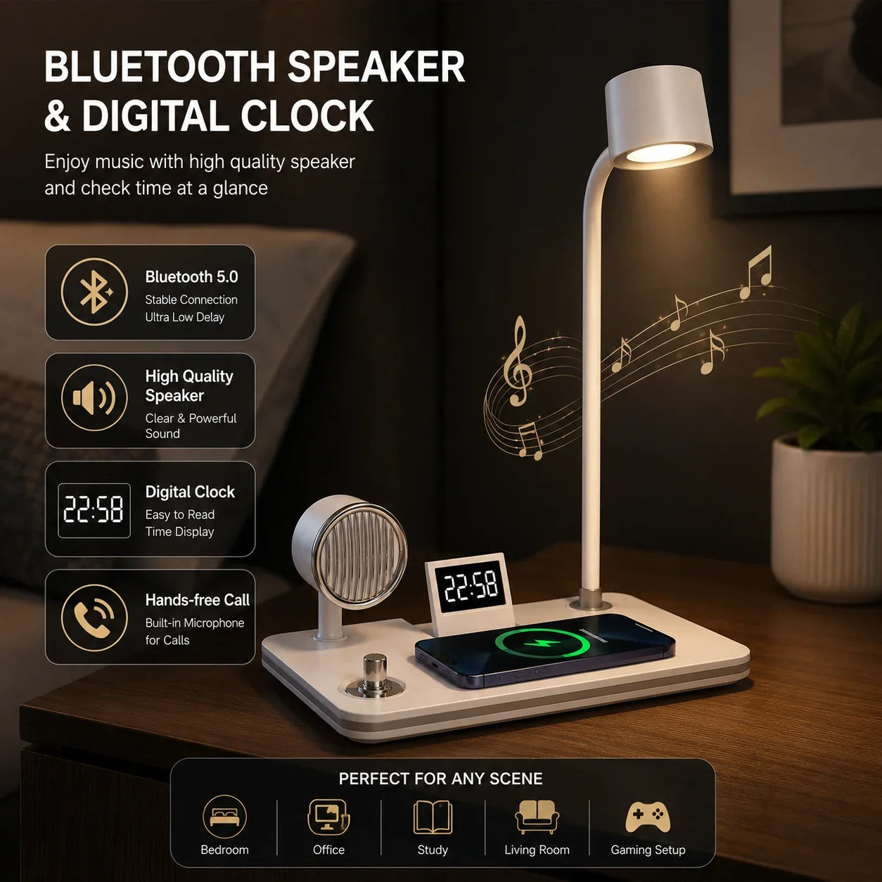 4 in 1 Wireless Charger Desk Lamp with Bluetooth Speaker - Muveszi Pakistan (image 3)