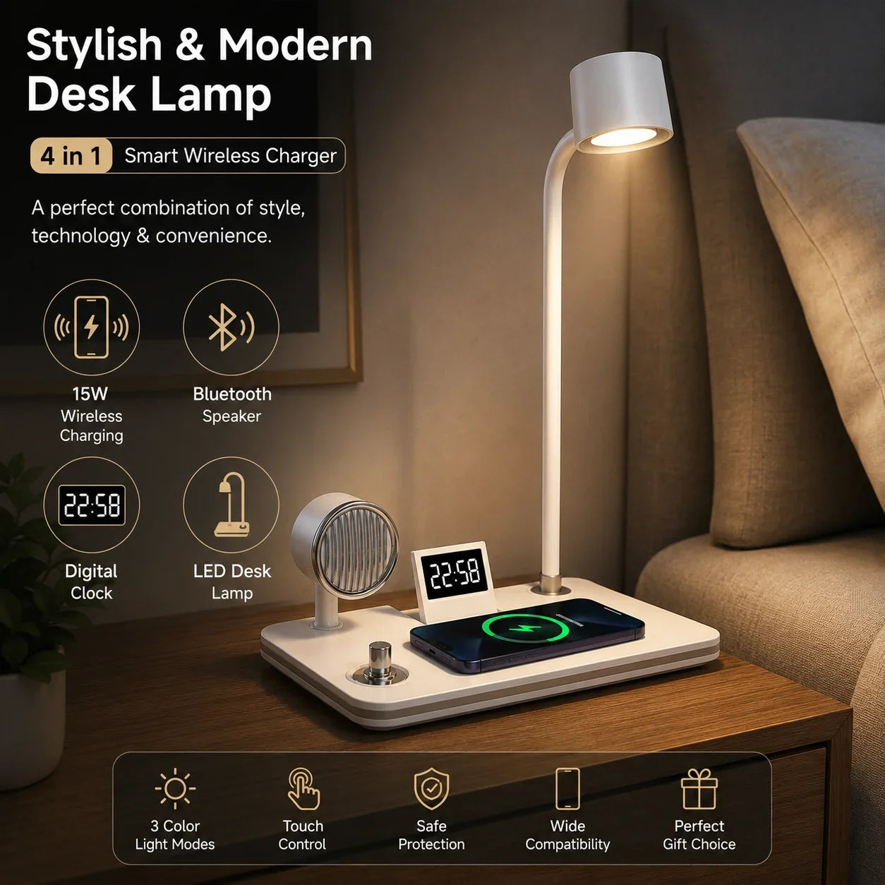 4 in 1 Wireless Charger Desk Lamp with Bluetooth Speaker - Muveszi Pakistan (image 5)