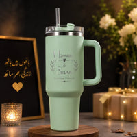 Complete premium display packaging layout of the customized 40oz insulated steel tumbler with lid straw and cleaning brush