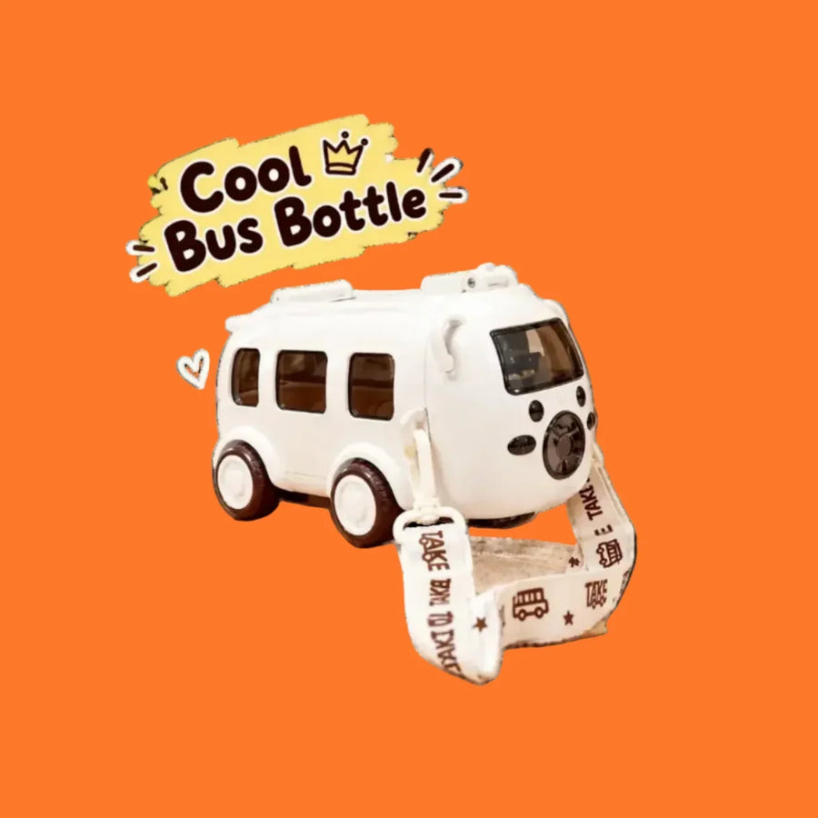 A white bus-shaped water bottle with a patterned strap on an orange background.