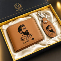 Custom name engraved leather wallet and keychain gift set for men