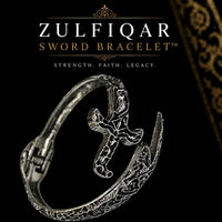 Display layout showcasing the adjustable link connector setup of the stainless steel Zulfiqar bracelet for all wrist sizes