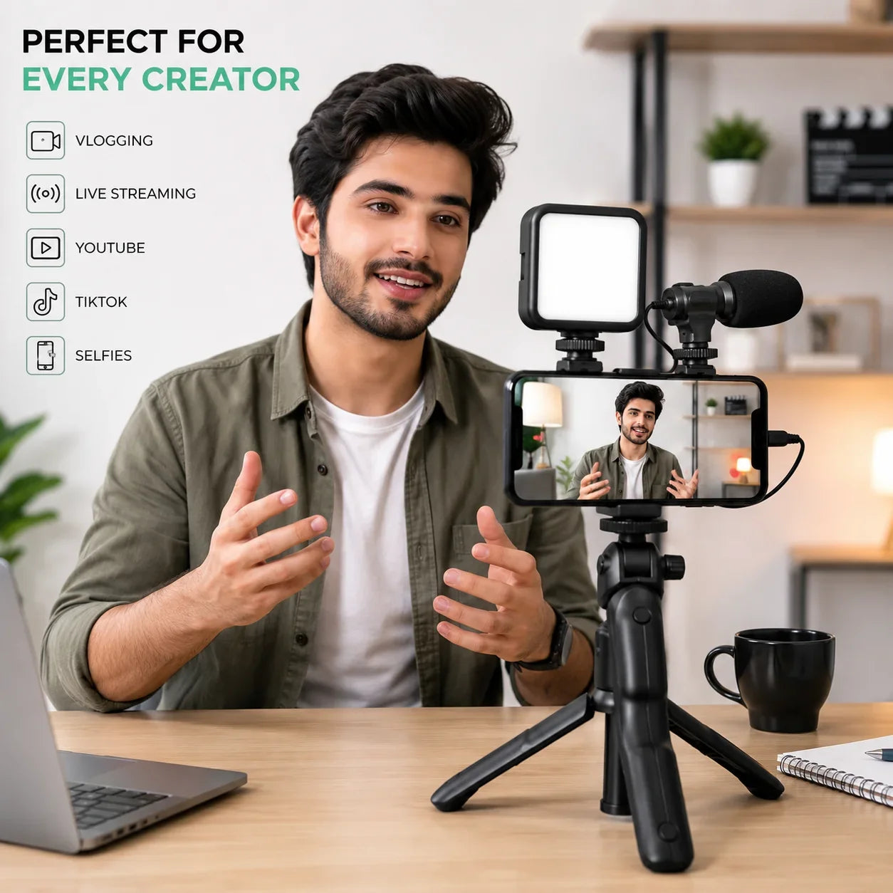 AY-49 Video Making Vlogging Kit Tripod LED Light Mic - Muveszi Pakistan (image 3)
