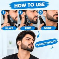 Three-step guide showing how to use the Muveszi beard styling template comb for a perfect trim.