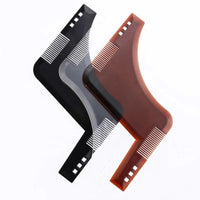 Two Muveszi beard styling template combs in black and brown for barber grooming.