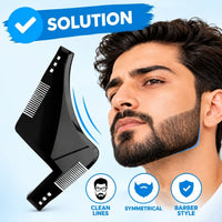 Beard shaping template tool positioned under the jaw for clean neckline alignment