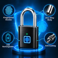 humb pressing the biometric sensor panel of the smart padlock to demonstrate instant unlock