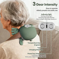 Muveszi 3-in-1 bionic neck and shoulder massager with heat therapy being used by an elderly woman.
