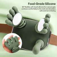 Ergonomic bionic hand-like massage motion simulator being worn comfortably on the neck and shoulder area