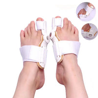 Bunion corrector device on feet with close-up insets showing how it fits.