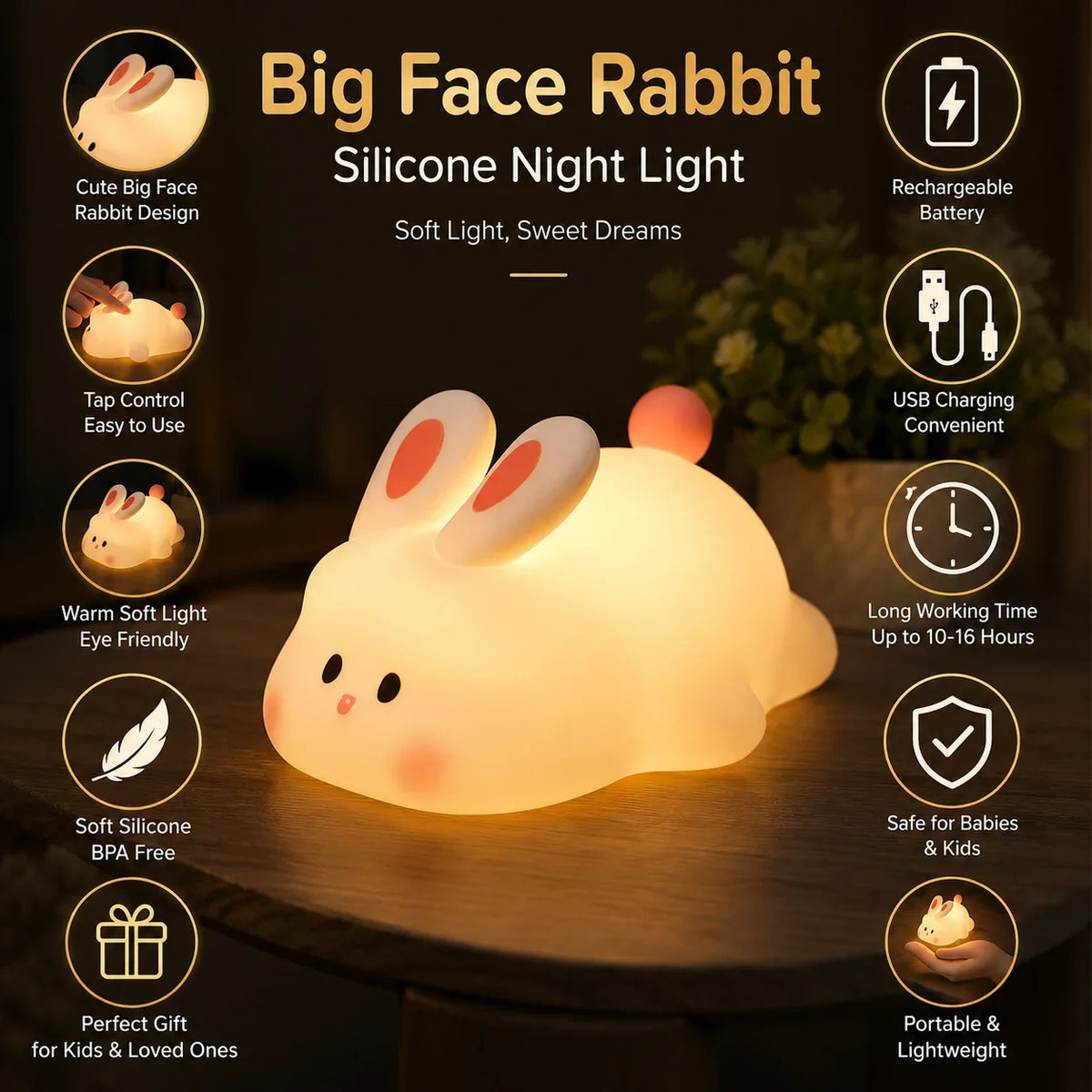 Bunny silicone night light glowing warm white on bedside table