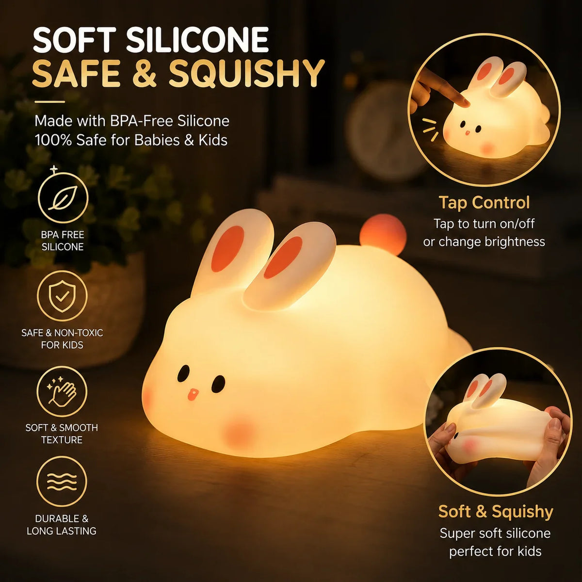 Soft silicone rabbit lamp with USB charging cable for kids room