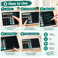 Complete retail display components layout of the functional calculator with LCD tablet and stylus pen