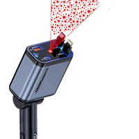 A portable projector lamp on a stand, shown projecting a red speckled light pattern. The device has a dark gray metallic body with blue LED lighting around the ports, and a red switch on top.