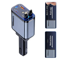 A car cigarette lighter dual charger with USB-C and USB-A ports, shown alongside two inset diagrams illustrating the retractable plug feature with pull-out and retraction labels.