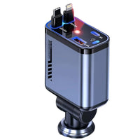 Detailed view of the integrated high-quality Type-C and Lightning connectors attached to the car charger