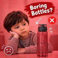A child sitting at a table looking bored next to a translucent pink water bottle with a black flip-top lid. The image features promotional text overlays reading 'Boring Bottles?' with a red brush-stroke background, a red 'X' icon, and sad face and arrow graphics.