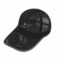 A black mesh baseball cap with a built-in cooling fan on the brim, shown against a plain white background.