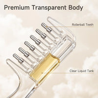 Close-up of a transparent toothbrush head with labeled callouts reading 'Premium Transparent Body,' 'Rollerball Teeth,' and 'Clear Liquid Tank,' shown against a soft beige cloud-like background.