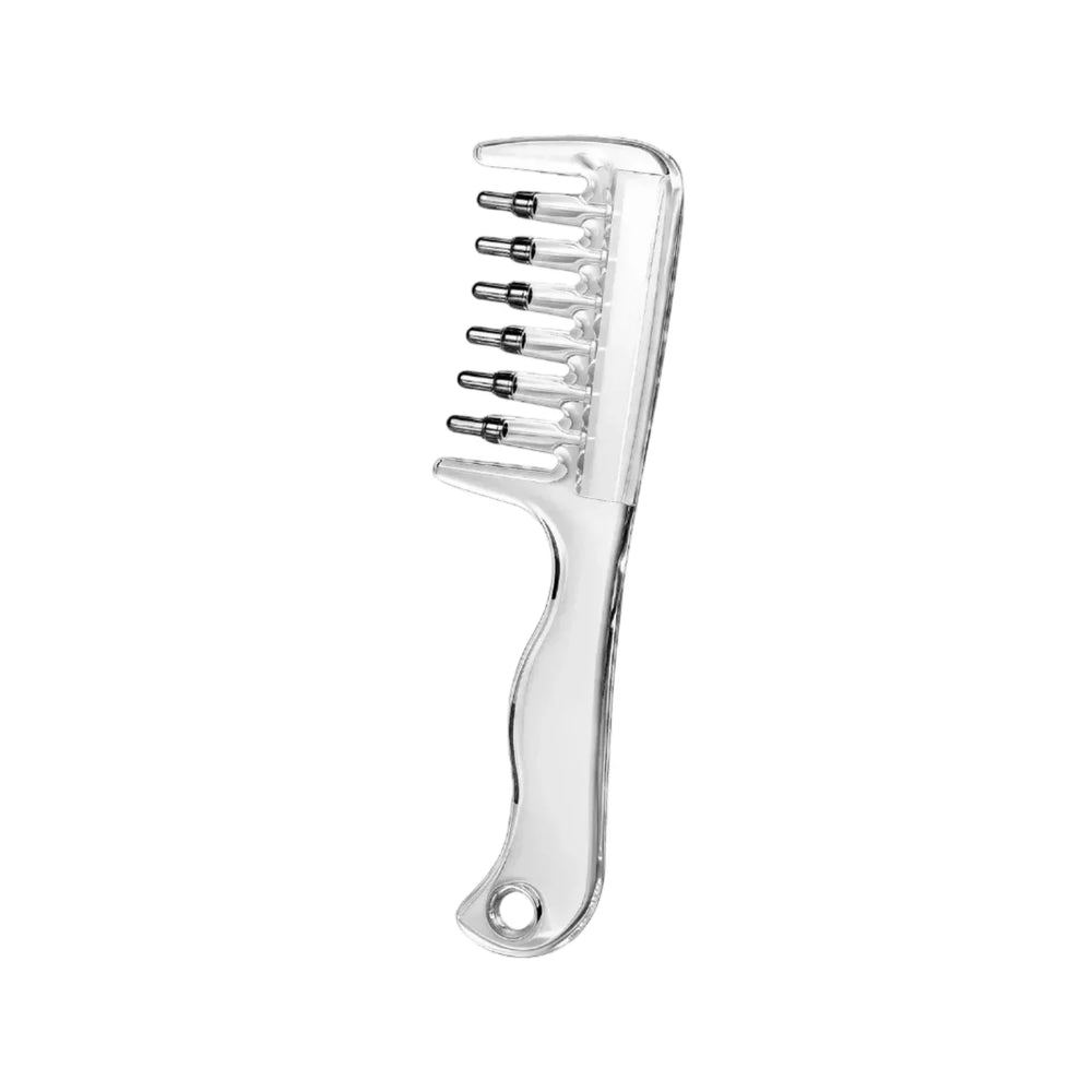 Crystal hair oil applicator comb and built-in fluid reservoir scalp massager tool package overview
