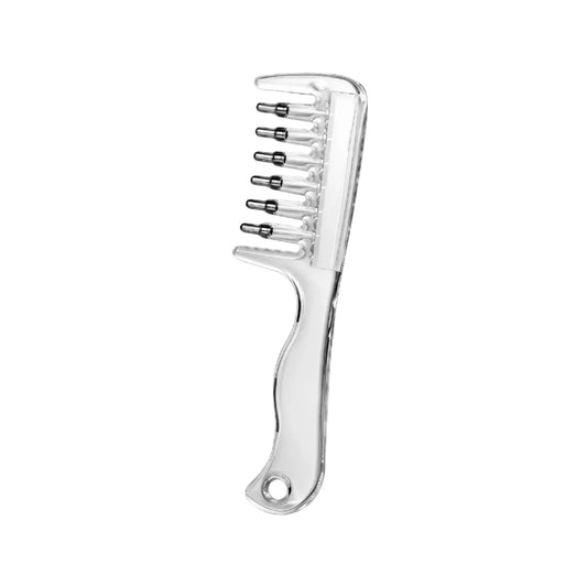 Crystal hair oil applicator comb and built-in fluid reservoir scalp massager tool package overview