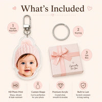 Complete premium display packaging layout of the customized acrylic photo die-cut keychain ready for delivery
