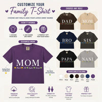 Customizable family T-shirt promotional graphic showing a large purple example shirt with white 'MOM' text and heart icons, plus smaller shirts labeled Dad, Mom, Bro, Sis, Papa, and Nani in different colors. The layout includes color swatches, role selection, and feature icons on a white background.
