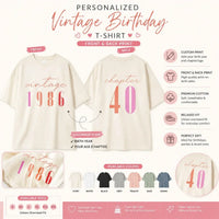 A promotional graphic for a personalized vintage-style birthday T-shirt. The main visual shows two cream-colored T-shirts: one front view with 'vintage 1986' text and one back view with 'chapter 40' text.